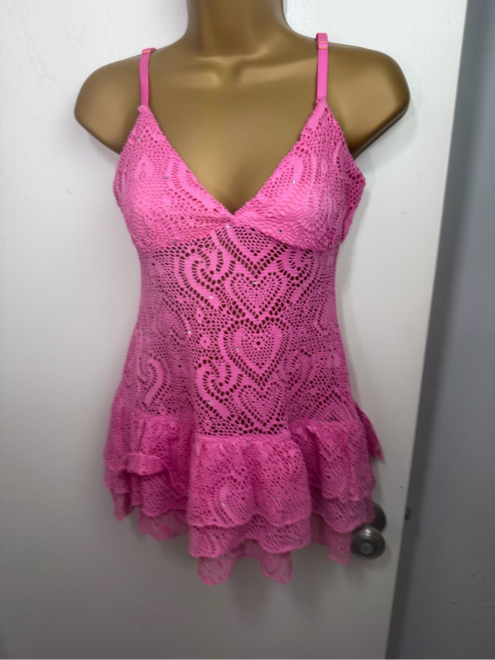 Club Exx X Dolls Kill Pink Stilettos On Lace Rhinestone Heart Girly Dress NWT S